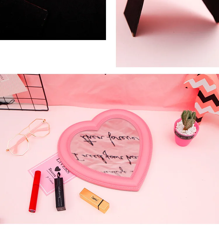 Pink Heart Mirror Desktop Dressing Mirror Wall Hangers Dual Purpose Makeup Mirror GIRL'S Room Wall Decoration Heart Shape Mirror