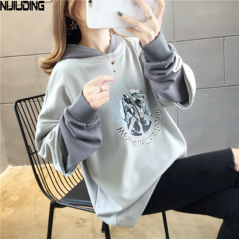 

NIJIUDING 2020 Autumn Winter New Gray Loose Patchwork Fake Two Pices Hoodies Collar Female Vintage Long Sleeve Pullovers Women's