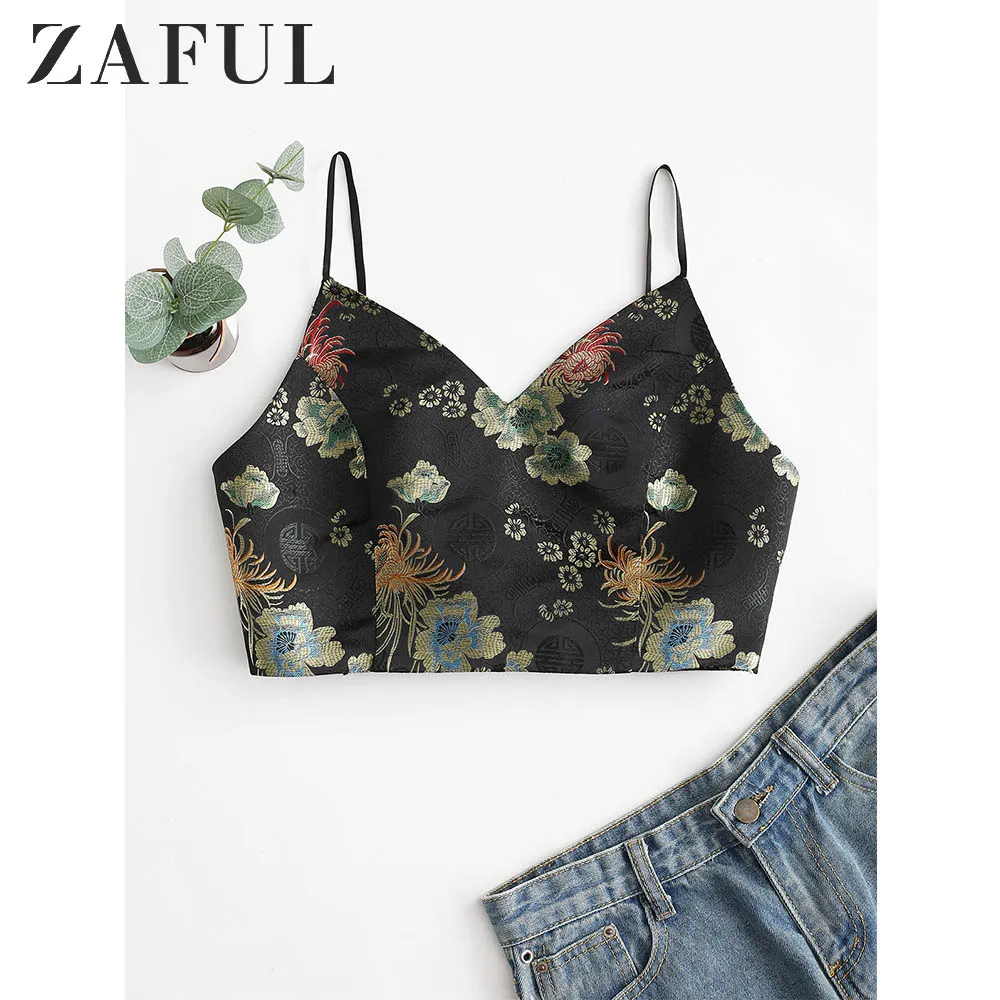Женский жаккардовый укороченный топ на бретельках ZAFUL черный короткий весна-лето
