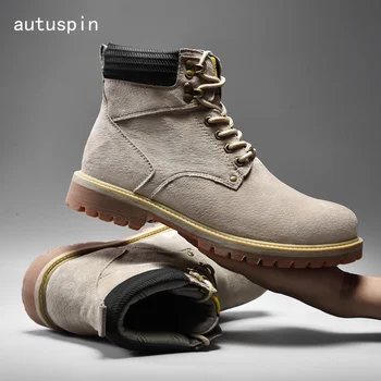 

autuspin Fashion Mens Lace Up Ankle Boots Genuine Leather Winter Warm Plush Motorcycle Boots Black Desert Botas Men Shoes 38-46