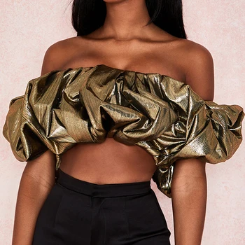 

ADYCE 2020 New Summer Women Off Shoulder Fashion Top Sexy Short Sleeve Gold Color Tight Lady Draped Slash Neck Club Crop Tops
