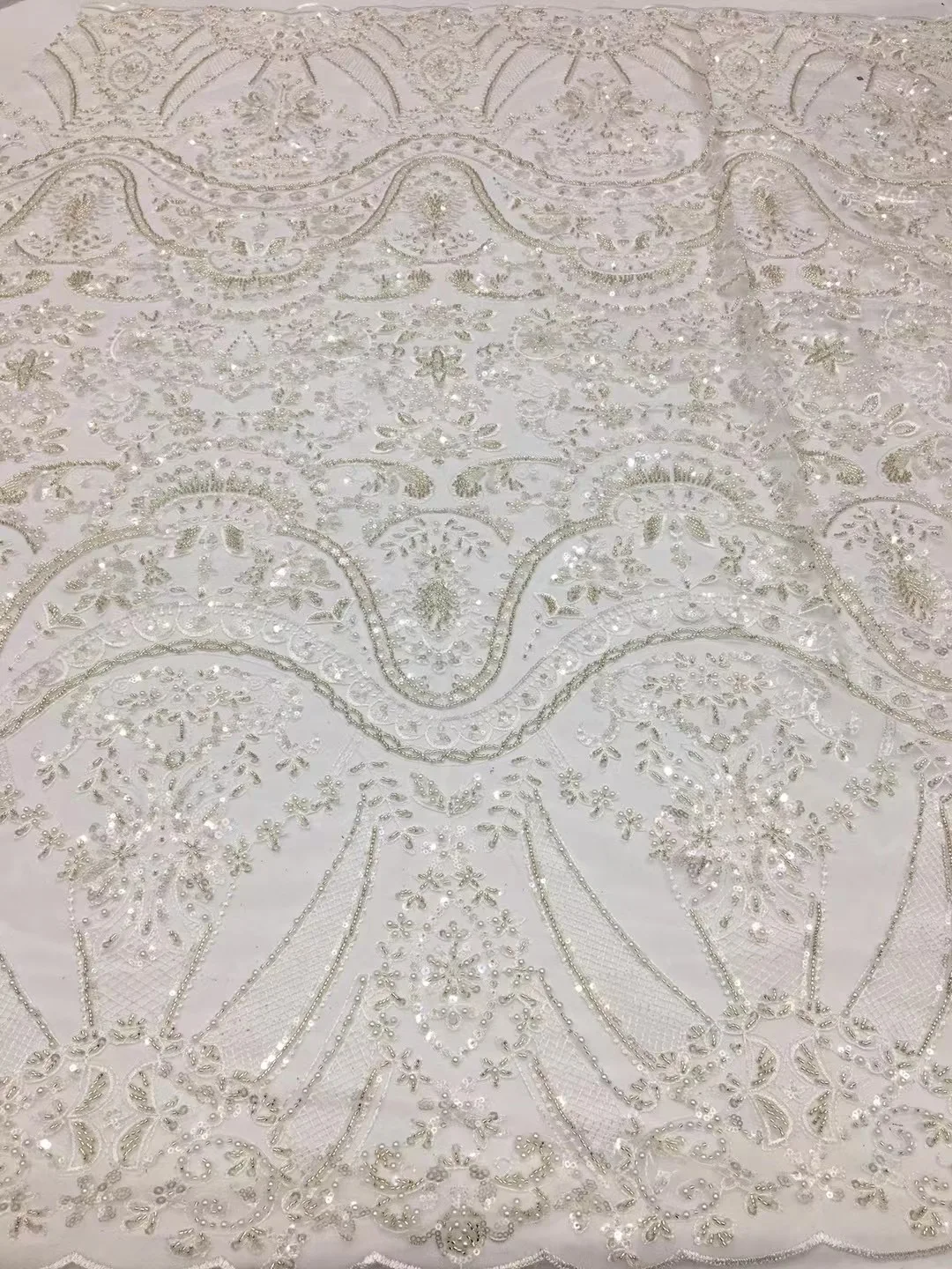 

(5yards/pc) High grade beaded African wedding tulle lace fabric with pearl beads and sequins embroidery for party dress FSS443