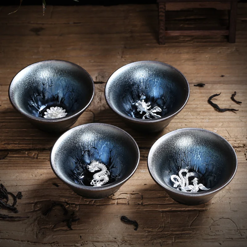 Small Capacity Jianzhan Teacup Glaze Inlaid With Silver Oil Dripping Tea Bowl Kungfu Product Ming Cup Kiln Ceramic Tea Cup