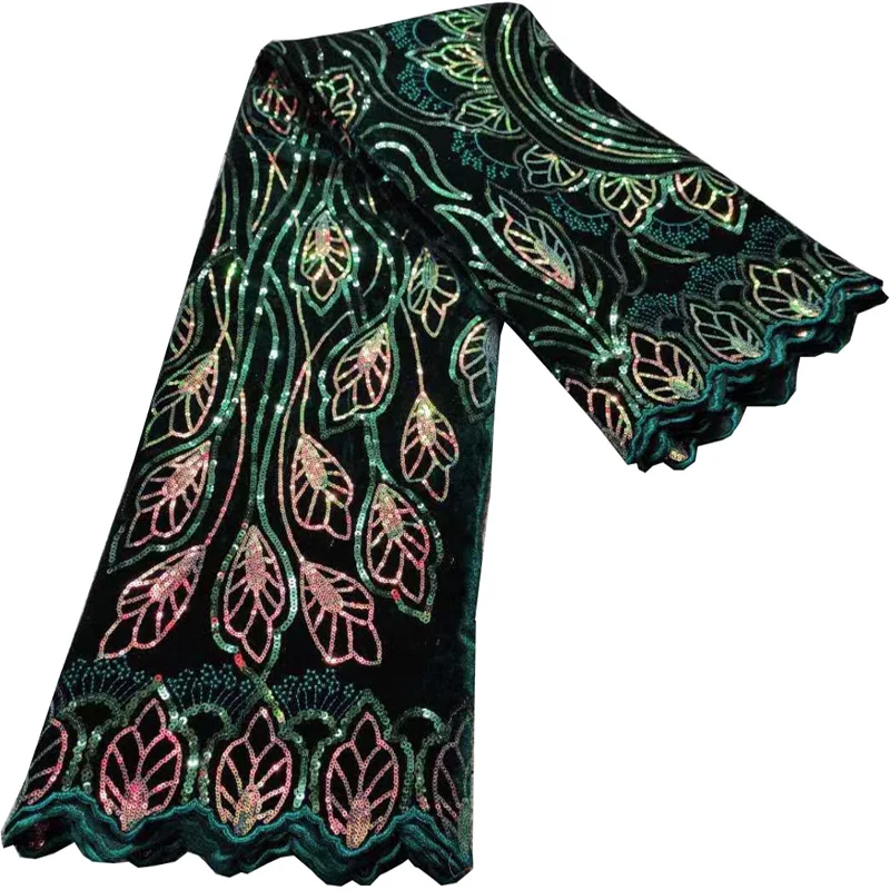 

(5yards/pc) Newest green African velvet lace fabric with beautiful sequins embroidery soft and warm for party dress FHS077