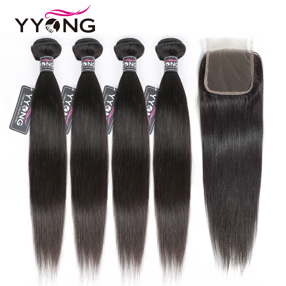 

Yyong Straight Hair 4 Bundles With Closure Brazilian Human Hair Weave Bundles With 4X4 Lace Closure Remy Hair Extensions