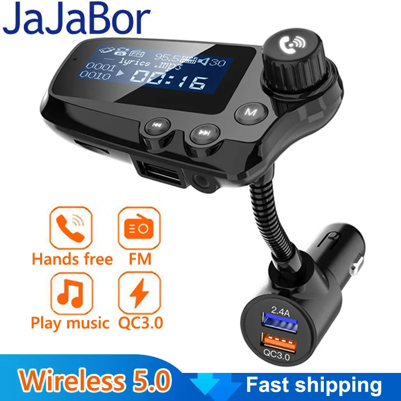 JaJaBor Bluetooth 5.0 Car Kit Handsfree AUX Audio Receiver Car MP3 Player QC3.0 Quick Charge 1.8 Inch LCD Display FM Transmitter