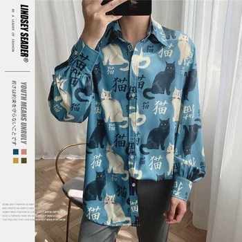 

Men's Shirt Vintage Black Orange Cats In Chinese Calligraphy Silky Soft Light Blue Shirt Longsleeve Loose Streetwear Shirts