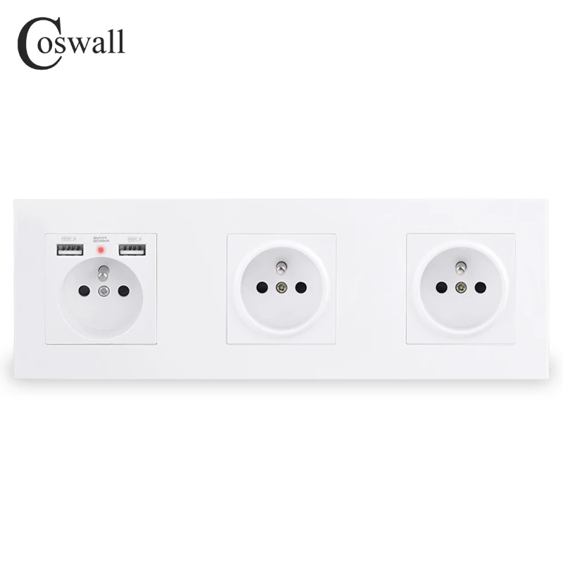 Porta de Carga Painel de pc Tomada de Parede com 2 Coswall Triplo Francês Padrão Escondido Macio Indicador Led E20 Série Preto Branco Cinza Usb