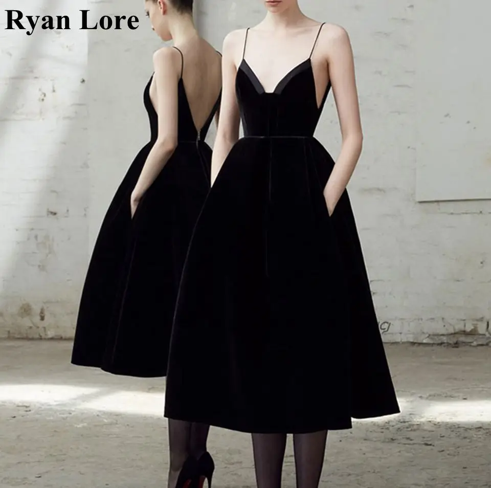 

Tea Length Spaghetti Straps Prom Dresses 2020 Black Sexy Backless Cocktail Dresses Vestidos De Gala Women Party Graduation Gowns
