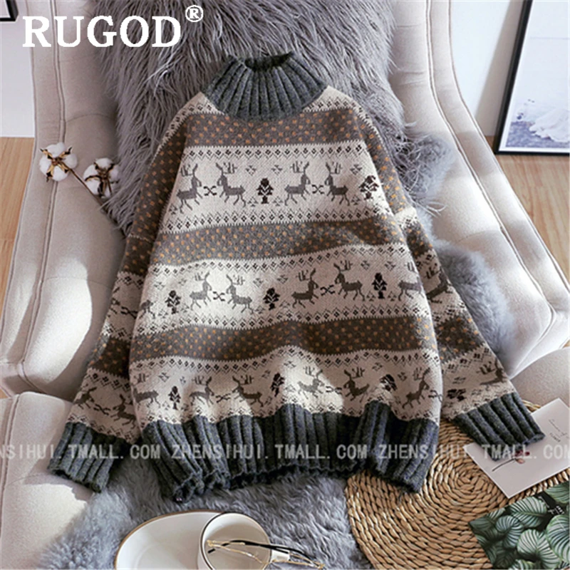 RUGOD Fashion round neck women knitted sweater Auturm Winter warm printed thicken knitwear female Vintage Christmas sweater