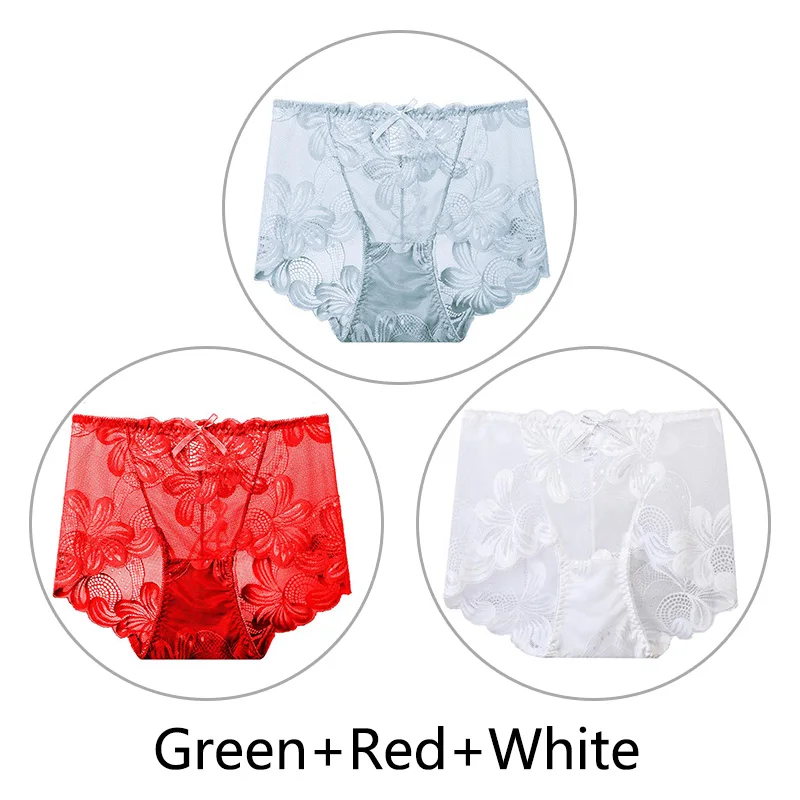 Green Red White 3 шт., сексуальные кружевные трусики, женское дышащее нижнее белье с высокой талией, бесшовные трусы, прозрачные сетчатые удобные нижнее белье, Новинка - Цвет: Green Red White
