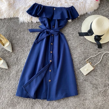 

Vintage Slim Button Ruffles sexy off shoulder dress bandage midi summer Party vestido de festa Women beach a-line elegant dress