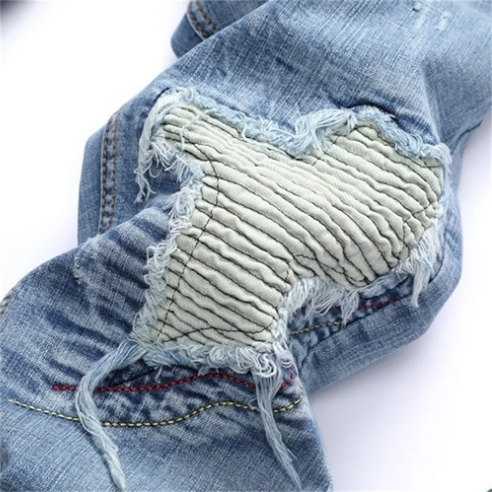 EH·MD® Different Color Patch Jeans Men's Frayed Fall/Winter Straight Cotton Soft Stretch Slim Light Blue Lining Red Fabric 2021