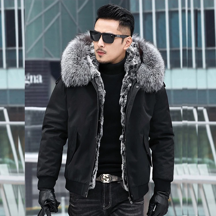 Furlove пальто из натурального меха, Мужская парка, короткая зимняя куртка для мужчин, Воротник из натурального Лисьего меха, теплые Роскошные пальто, куртка-бомбер - Цвет: Черный