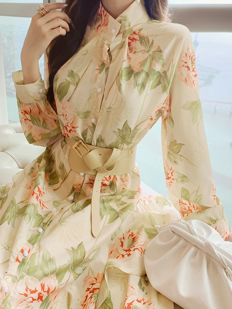Palace style printed dress autumn 2020 new style female western style ruffled irregular Office Lady  Polyester