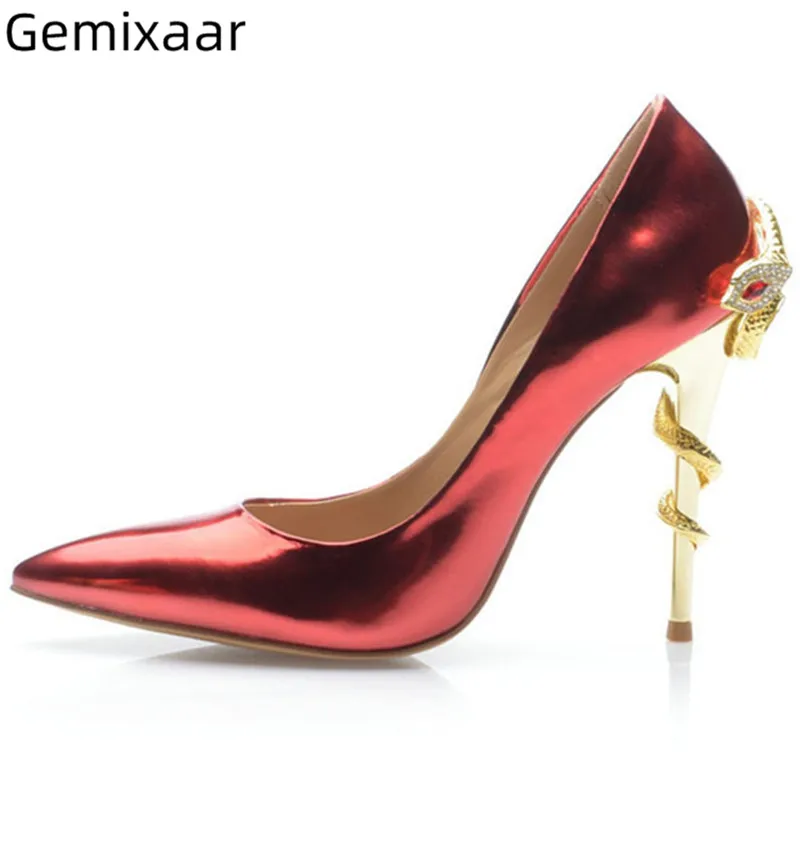 

Bling Claret Large Size Pumps Women Point Toe Slim Shallow Zapatos Chic High Gladiator Heel Decor Metal Snake Women Pumps 35-42