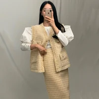 3 Piece Sets Women Korean Chic Round Neck Bubble Sleeve Shirt Tweed Vest Coat High Waist Long Skirt Matching Outfits Autumn
