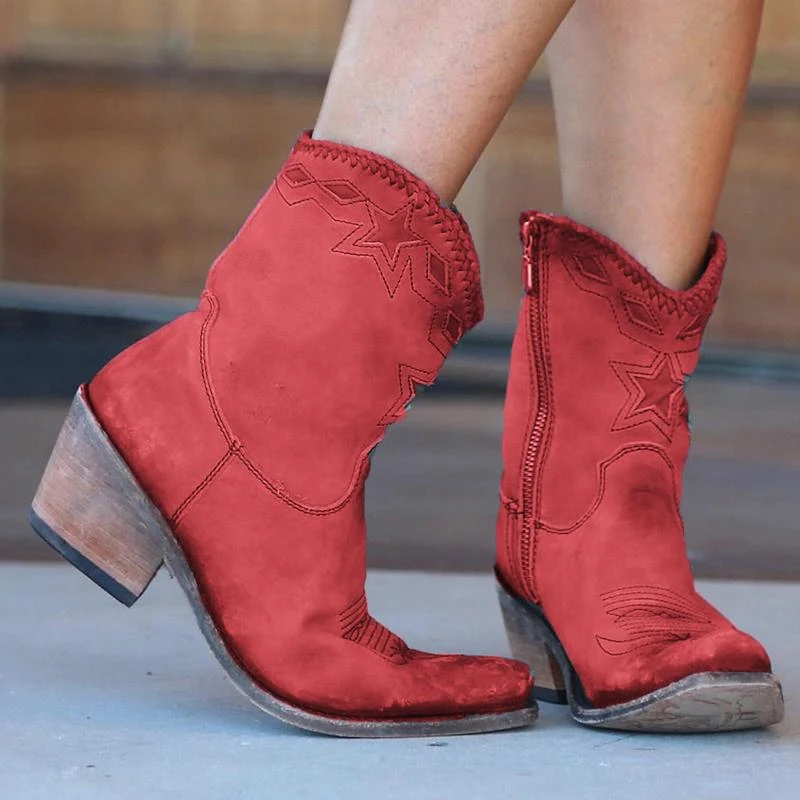 Puimentiua; женские ботильоны в Западном ретро стиле; кожаные туфли на каблуке с острым носком; однотонные Прошитые женские ботинки с боковой молнией; Botas Mujer - Цвет: red