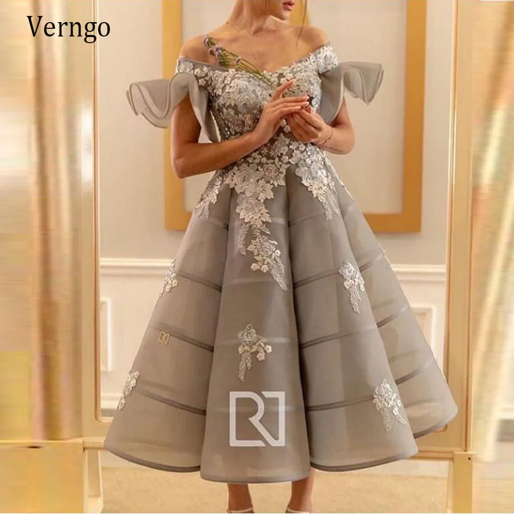 

Verngo New Design A Line Evening Dress Lace Floral Off the Shoulder Ruffles Organza Modern Tea Length Formal Party Gowns