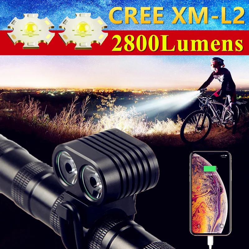 2*CREE XM-L2 Outdoor Night Riding HeadLamp Mountain Bike Front Lights 8.4V DC Rechargeable LED Bicycle Headlights + USB Output flashtorch mini Flashlights