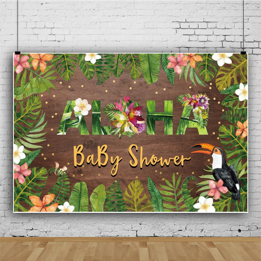 

Laeacco Baby Shower Tropical Flower Plant Hawaii Vintage Wood Board Background Banner Photography Backdrops For Photo Studio
