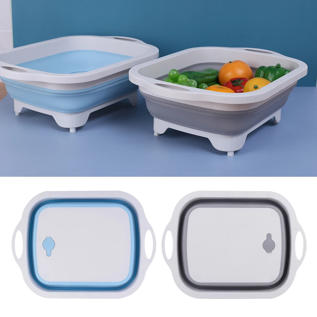 Portable Collapsible Basin with Draining Plug for Kitchen Fruits Vegetables Washing Basket Dish Tub Cutting Board