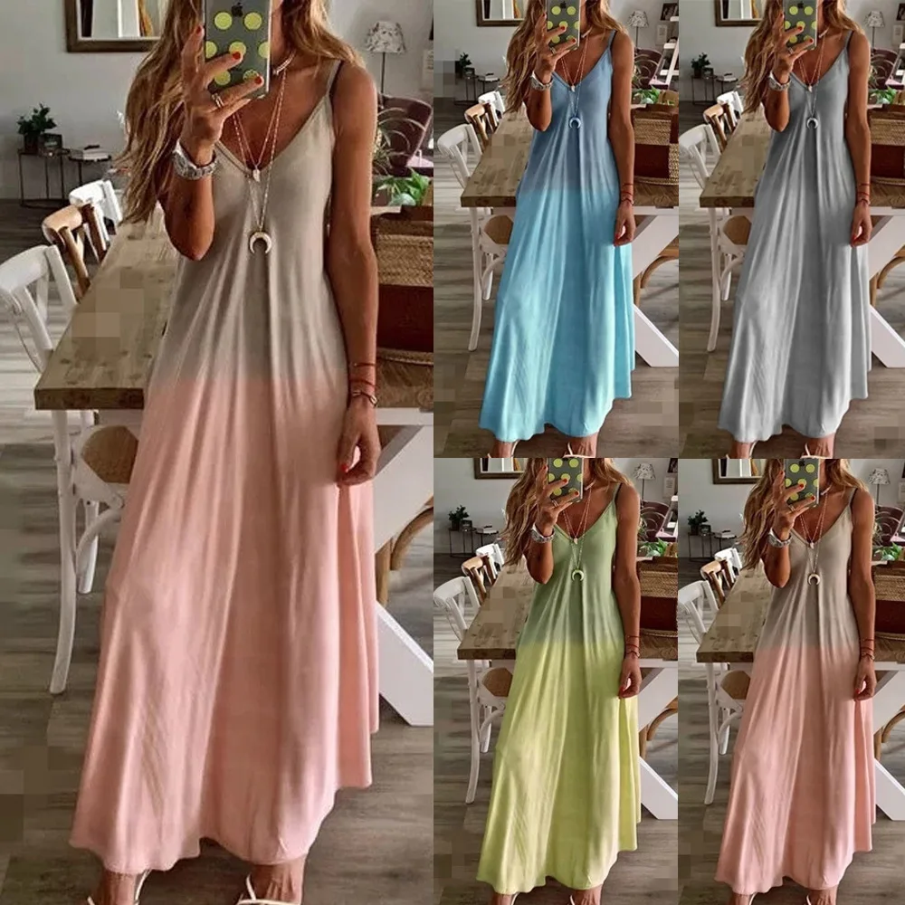 

Ladies Summer Sleevess Long Dresses Femme Spaghetti Strap Sexy Low-Cut Beach Dress 2020 Fashion Boho Gradient Ramp Vestido Longo