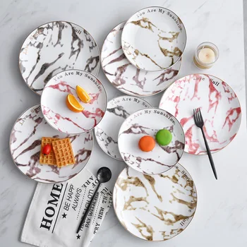 

Marble Ceramic Round Dinner Plate Brief Porcelain Gold Edge Glaze Plate Household Breakfast Dessert Cake Tray Steak Snack Dishes