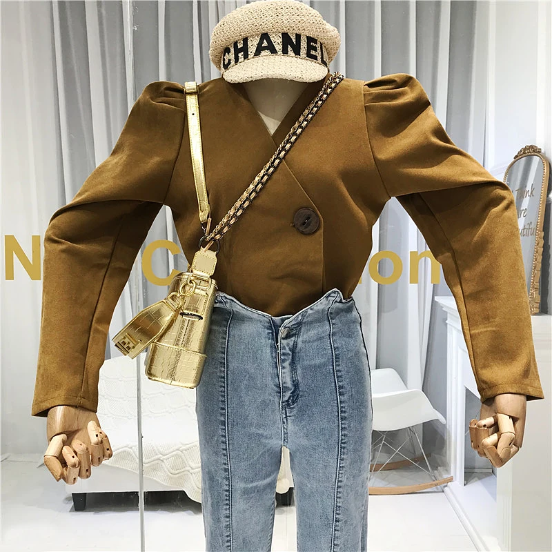 

Crop Jacket Women 2019 Fall Autumn Fashion V-Neck Single Button Wide-waisted High Street Solid Japanese Streetwear Jaket Women