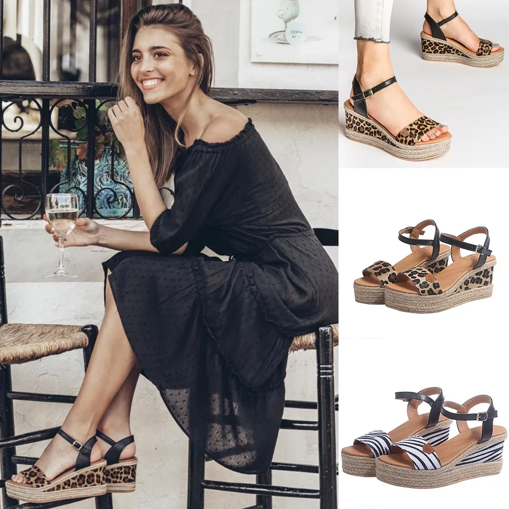 

Elopard Pattern Wedges Shoes Strap Platform Sandals Women's Ladies Fashion Girls Leopard Wedges Sandals Buckle Casual Shoes