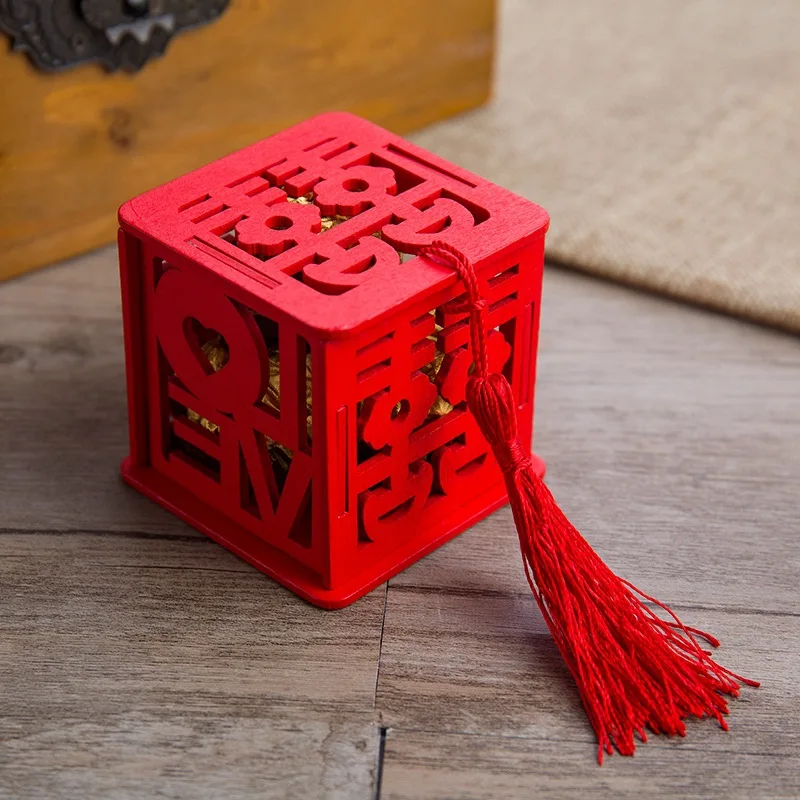 Tassel Candy Storage Box For Wedding Party Vintage Chinese Red Wooden Hollow Box Chocolate “Chinese Love”Container