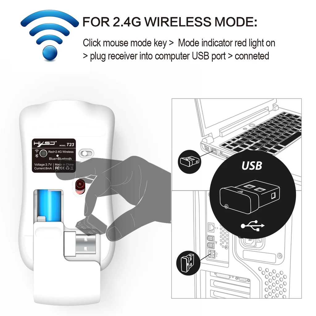 Ergonomic Optical Wireless Bluetooth Mouse USB Mice 1600 DPI Wireless Mouse for PC Computer Laptop Desktop Wireless Mouse