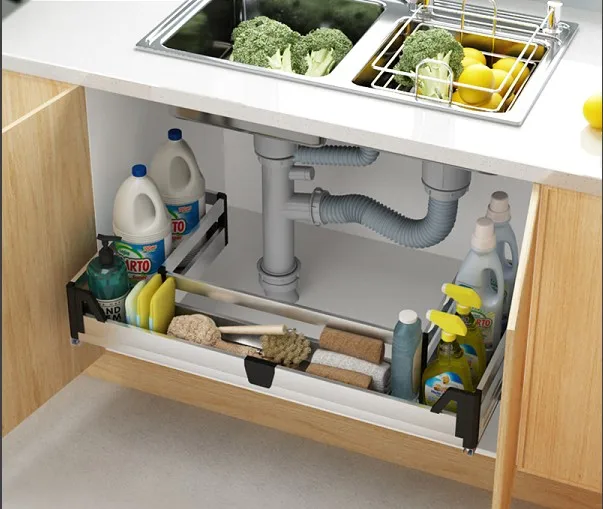 

DIY kitchen cabinet pull basket stainless steel sink basket damping rail drawer storage rack seasoning rack
