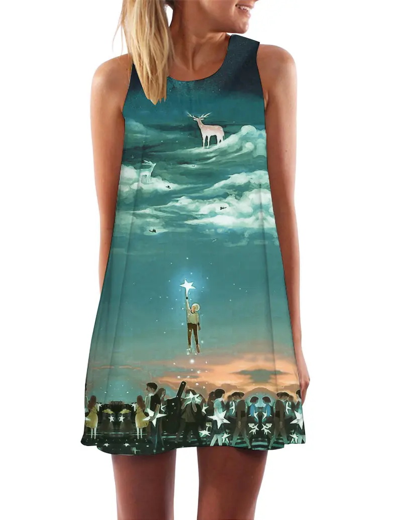 

2019 Hot Sales Mori Girl Hipster Sweet Elegant-Style 3D Printed Cartoon Sleeveless Dress A- line Skirt Summer
