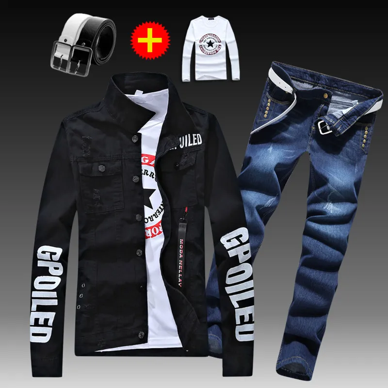 Men's Slim Fit Denim Jacket Pants 2pcs Set Long Sleeve Coats