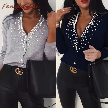 

FENGGUILAI Spring Beading Sweater Ladies Long Sleeve Knitted Cardigan Sweater Women Fashion Cardigan for Female Clothing 2019