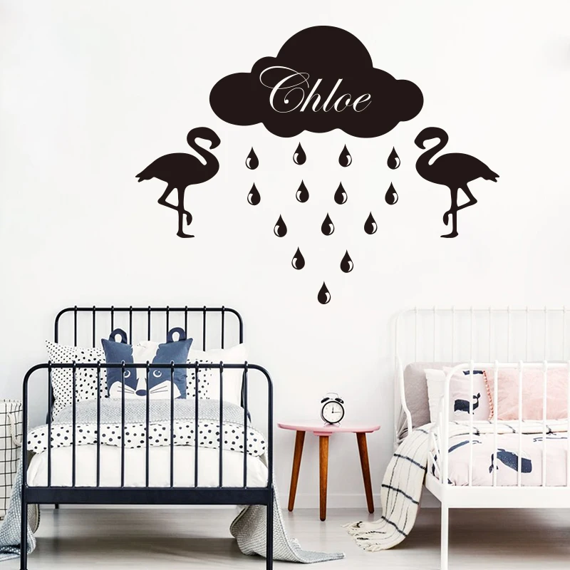 Custom Name Flamingo Cloud Rain Wall Sticker Nursery Kids Room Flamigo Animal Sky Wall Decal Bedroom Vinyl Home Decor (2)