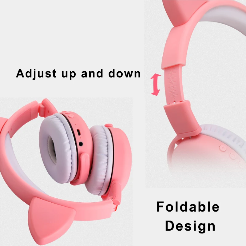 Foldable Bluetooth headphone with cat ears flashing LED light wireless with microphone for children adults girls