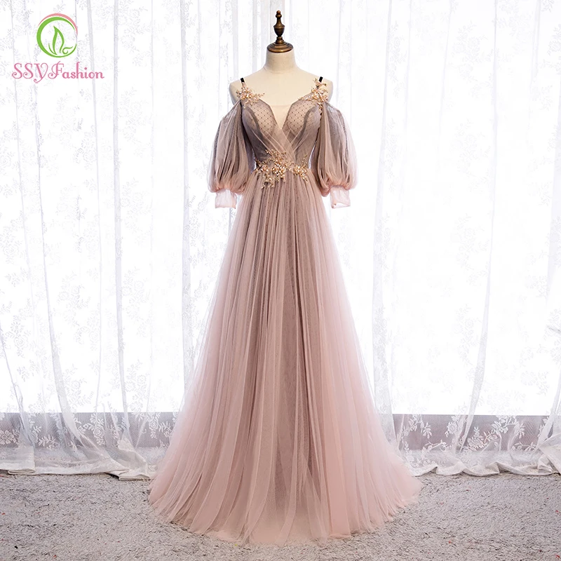 Женское вечернее платье до пола SSYFashion бальное бежевого и розового цвета с