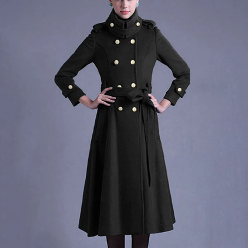Women coat Winter Elegant Slim Lapel Overcoat fashion retro pure color long Coat Double-breasted lace up belt jacket lady fall