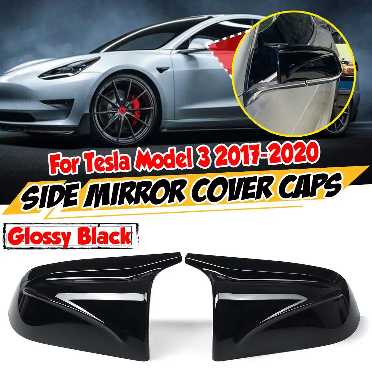Sport Horn Style Gloss Black Side View Wing Mirror Cover Caps For Tesla Model 3 