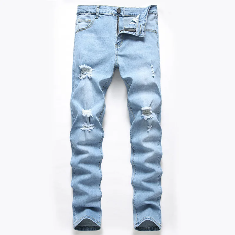 

Cross-border mens jeans hole elastic jeans in Europe and the light color of cultivate morality pants men jeans
