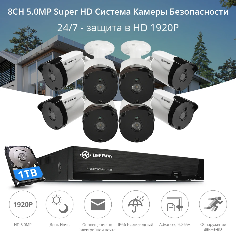 DEFEWAY видеонаблюдение 5mp камера безопасности Система H.265+ HD 8CH видео CCTV 8 камера наружная Водонепроницаемая камера комплект 1 ТБ HDD