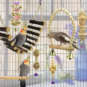 

7Pcs Bird Swing Toys Parrot Chewing Rattan Ball String Wooen Ladder Cage Decor K4UA