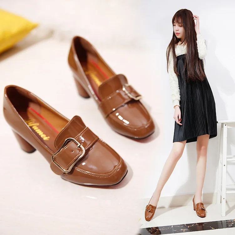 

Shoes Women's 2017 Spring New Style Belt Buckle round-Toe Chunky Heel High Heel Shoes Fashion Patent Leather Slip-on Low-Cut WOM
