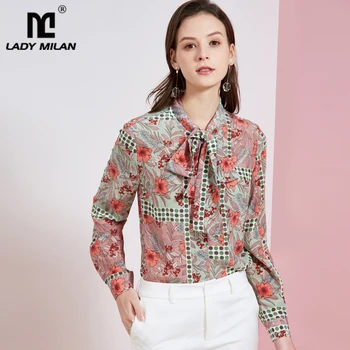 

100%Pure Silk Women's Shirt Sash Bow Collar Floral Printed Fashion Elegant Blouse Shirt