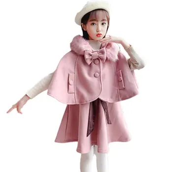 

New Fashion Girls Cloak Jacket+Vest Dresses Pink Wool Bowknot Kids Outerwear Princess Children's Clothes For Teen Outfit 4-13Yrs