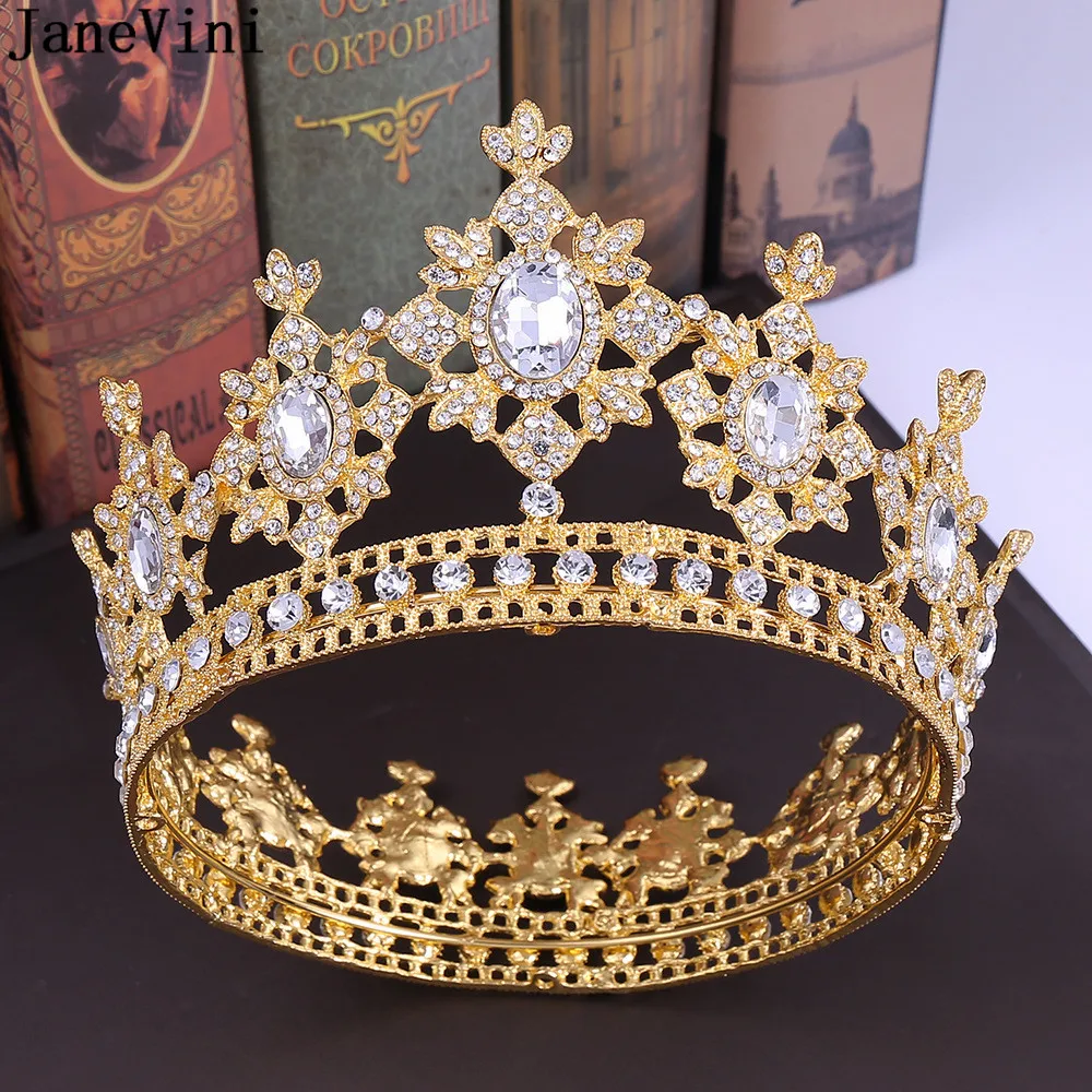 JaneVini Luxurious Crystal Hair Jewelry Beaded Rhinestones Red Round Bridal Crown Metal Wedding Hairpiece Bride Headwear Baroque