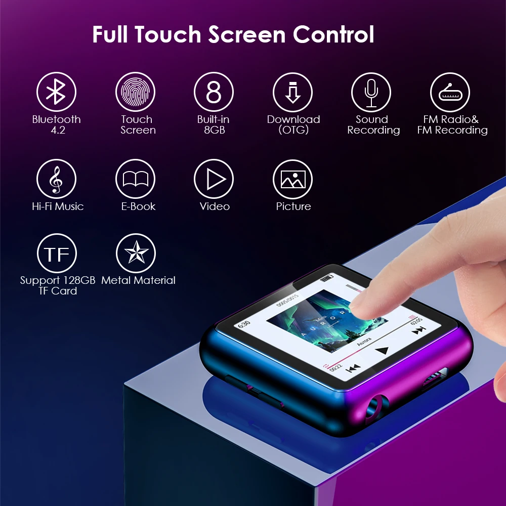 Qosea браслет HiFi MP3 плеер с Bluetooth Сенсорный экран Спорт Бег Walkman музыкальный плеер портативный клип металлический аудио плеер