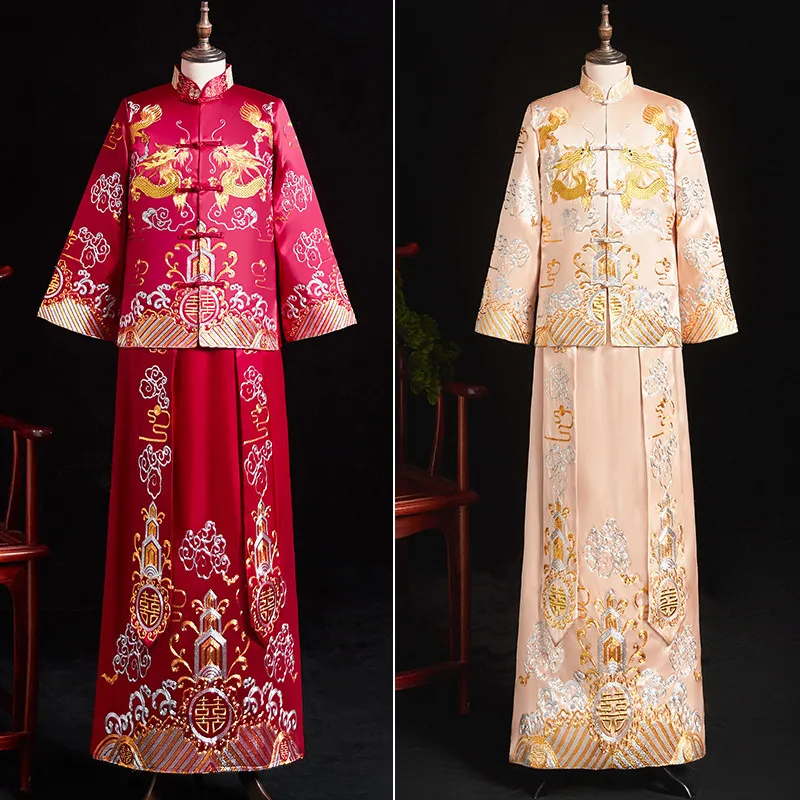 

Red Groom Vintage Loose Cheongsam Traditional Chinese Wedding Gown Satin Qipao Embroidery Dragon Costume Vestidos